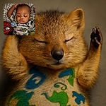 A peaceful baby snoozes deeply on a patterned blanket, dressed in a Toy Story-themed onesie, clutching a blue pacifier with a plush Spider-Man toy buddy right beside them, creating an adorable superhero nap scene.