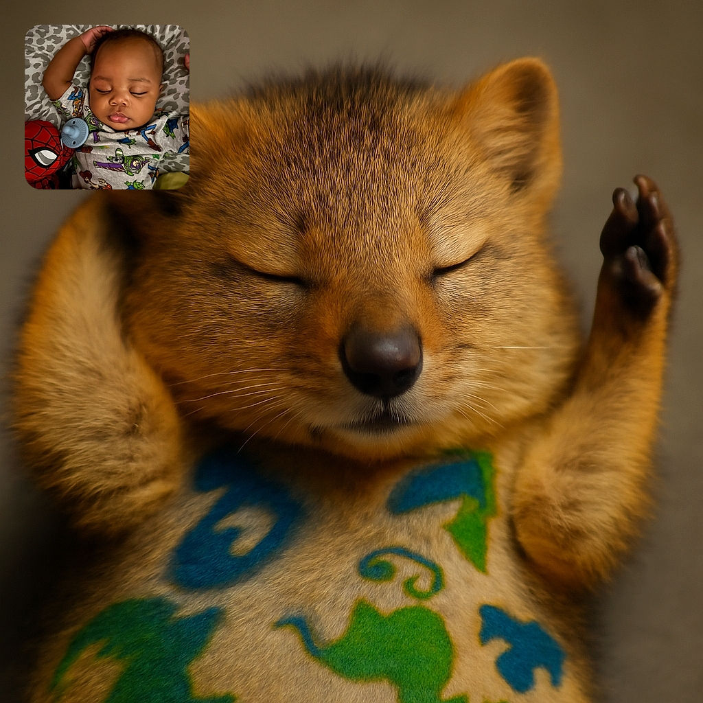 A peaceful baby snoozes deeply on a patterned blanket, dressed in a Toy Story-themed onesie, clutching a blue pacifier with a plush Spider-Man toy buddy right beside them, creating an adorable superhero nap scene.
