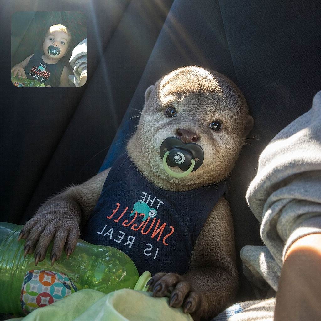 A cheerful baby sits buckled into a car seat with a pacifier, looking straight at the camera like a tiny road-trip supervisor. Sunbeams pour through the window, turning the ride into a dramatic golden spotlight while a blanket and colorful toy keep things cozy.