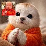 A wide-eyed baby in a bright orange sweater stares straight at the camera like it just discovered the concept of selfies — chubby cheeks, tiny hands clasped, and a cozy nursery backdrop making the scene peak-cute.