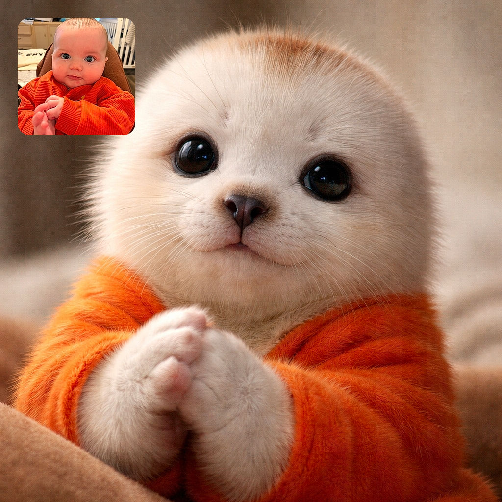 A wide-eyed baby in a bright orange sweater stares straight at the camera like it just discovered the concept of selfies — chubby cheeks, tiny hands clasped, and a cozy nursery backdrop making the scene peak-cute.