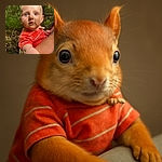 A curious baby with sparkling blue eyes is being held outdoors, surrounded by lush greenery and a gentle stream in the background. The baby wears a bright orange shirt and looks directly into the camera with a soft, innocent expression, while the adult's tattooed arm cradles them securely.