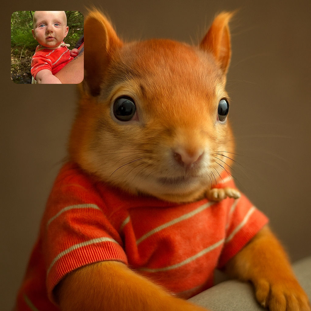 A curious baby with sparkling blue eyes is being held outdoors, surrounded by lush greenery and a gentle stream in the background. The baby wears a bright orange shirt and looks directly into the camera with a soft, innocent expression, while the adult's tattooed arm cradles them securely.