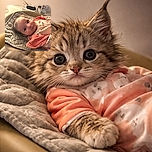 A curious baby bundled in cozy clothes lies on a quilted mat, gazing wide-eyed at the camera with a soft, warm light casting gentle shadows. Behind, a box of gloves and a bottle of hand sanitizer hint at a clean and careful environment.