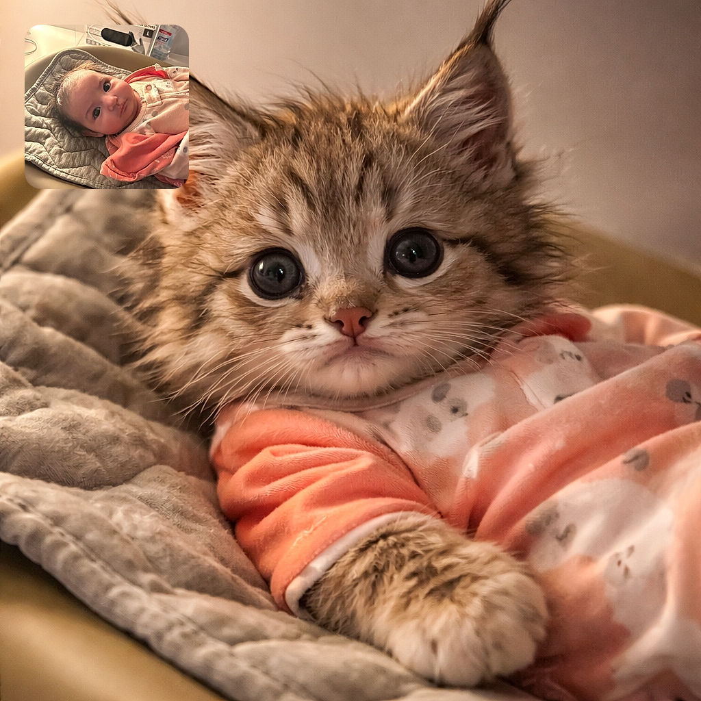 A curious baby bundled in cozy clothes lies on a quilted mat, gazing wide-eyed at the camera with a soft, warm light casting gentle shadows. Behind, a box of gloves and a bottle of hand sanitizer hint at a clean and careful environment.