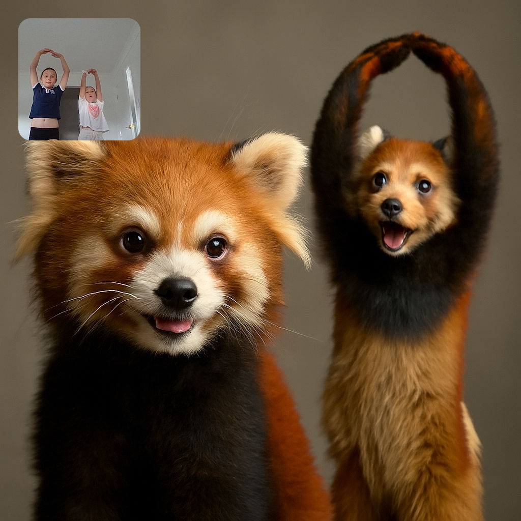 Three kids are caught mid-action in a casual indoor setting; two are stretching with arms raised high, while the third beams a cheerful smile from the corner, all framed by a plain white room with a slightly ajar door.