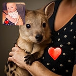 A wide-eyed baby clutches onto an adult wearing a polka-dot dress, while a big red heart emoji adds a splash of love to the scene. The cozy couch and soft lighting make it feel like a warm family moment.