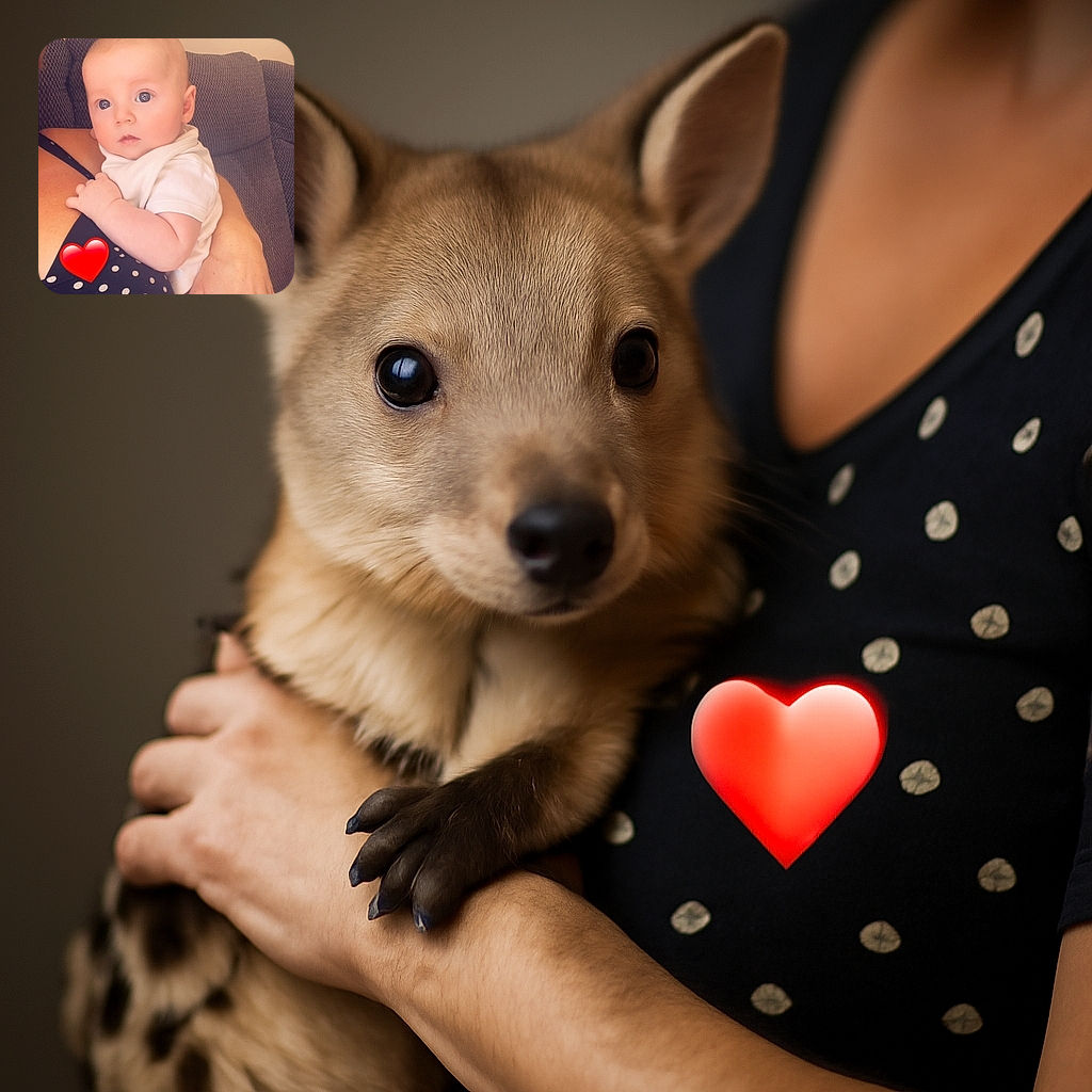A wide-eyed baby clutches onto an adult wearing a polka-dot dress, while a big red heart emoji adds a splash of love to the scene. The cozy couch and soft lighting make it feel like a warm family moment.