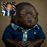 A peacefully sleeping baby dressed in a cute blue plaid shirt and navy outfit, nestled against a zebra-striped blanket background, looking like the tiniest business executive taking a nap.