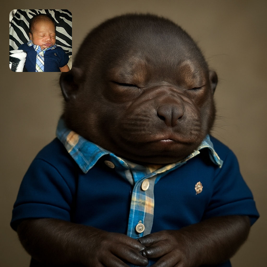 A peacefully sleeping baby dressed in a cute blue plaid shirt and navy outfit, nestled against a zebra-striped blanket background, looking like the tiniest business executive taking a nap.