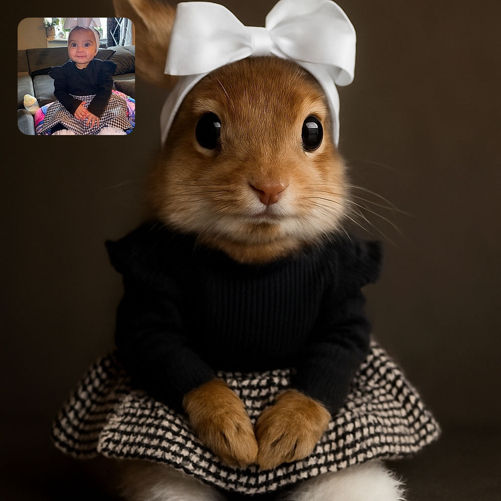 A charming baby wearing a large white bow headband and a stylish black and white dress sits on a colorful blanket on a couch, smiling with wide eyes and tiny hands clasped together, with a baby bottle nearby and a cozy home background.
