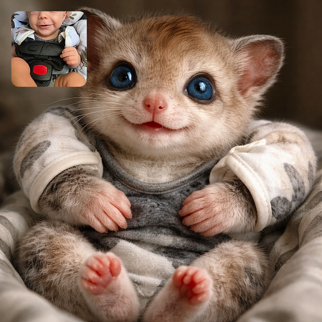 A delighted infant stares up with big blue eyes and a tiny drool sparkle, strapped snugly into a patterned car seat. The little grin, chubby legs, and mittened shoulder pads steal the show while the chunky black harness and bright red buckle add a comic-hero accent—like a miniature action star ready for a nap instead of a mission.