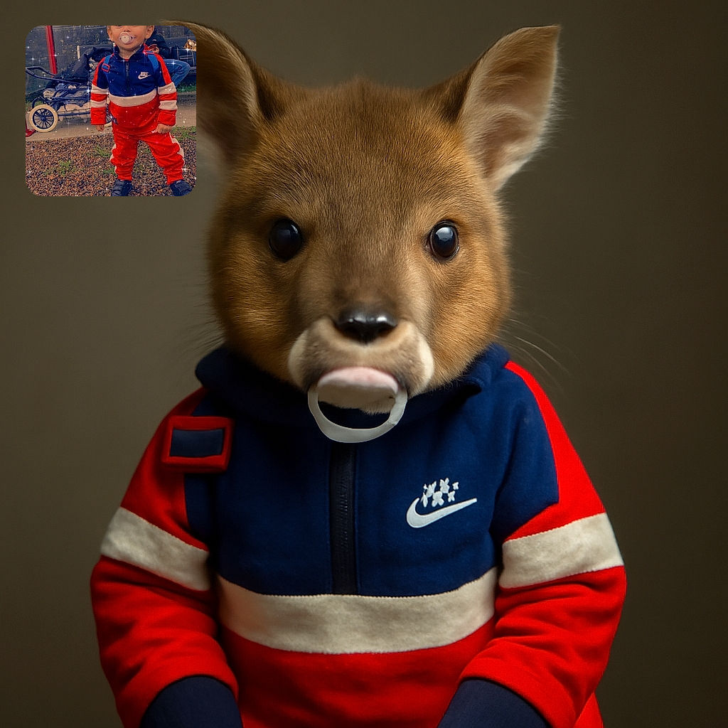 A cute toddler in a sporty red, white, and blue Nike tracksuit stands confidently on a gravel surface, pacifier in mouth, with sparkling effects added to the photo giving it a magical vibe. Behind, a stroller and a person sitting on a bench create a casual park or bus stop scene.