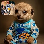 A curious baby in Cookie Monster pajamas lies on a cozy bed surrounded by soft blankets and a lotion bottle, giving a slightly puzzled look as if wondering where all the cookies went.