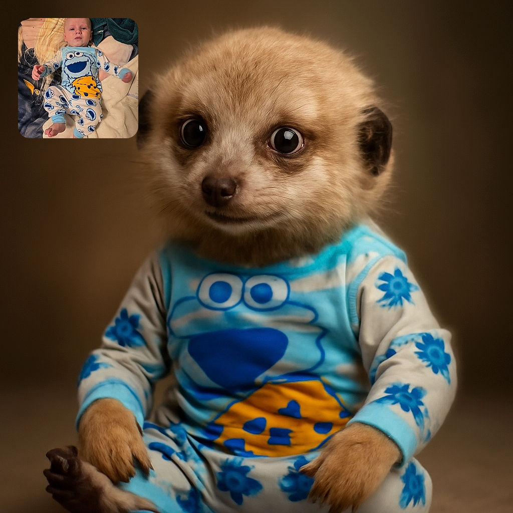 A curious baby in Cookie Monster pajamas lies on a cozy bed surrounded by soft blankets and a lotion bottle, giving a slightly puzzled look as if wondering where all the cookies went.