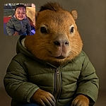 A smiling young child bundled up in a puffy jacket, sitting indoors with some playful face paint resembling tree branches on their forehead and a red dot on their nose, exuding warmth and innocence despite the dim lighting.