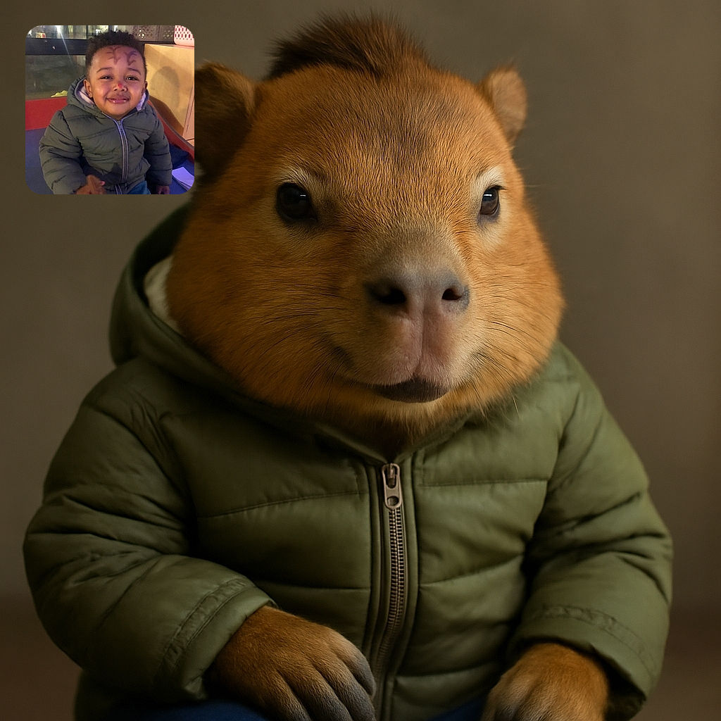 A smiling young child bundled up in a puffy jacket, sitting indoors with some playful face paint resembling tree branches on their forehead and a red dot on their nose, exuding warmth and innocence despite the dim lighting.