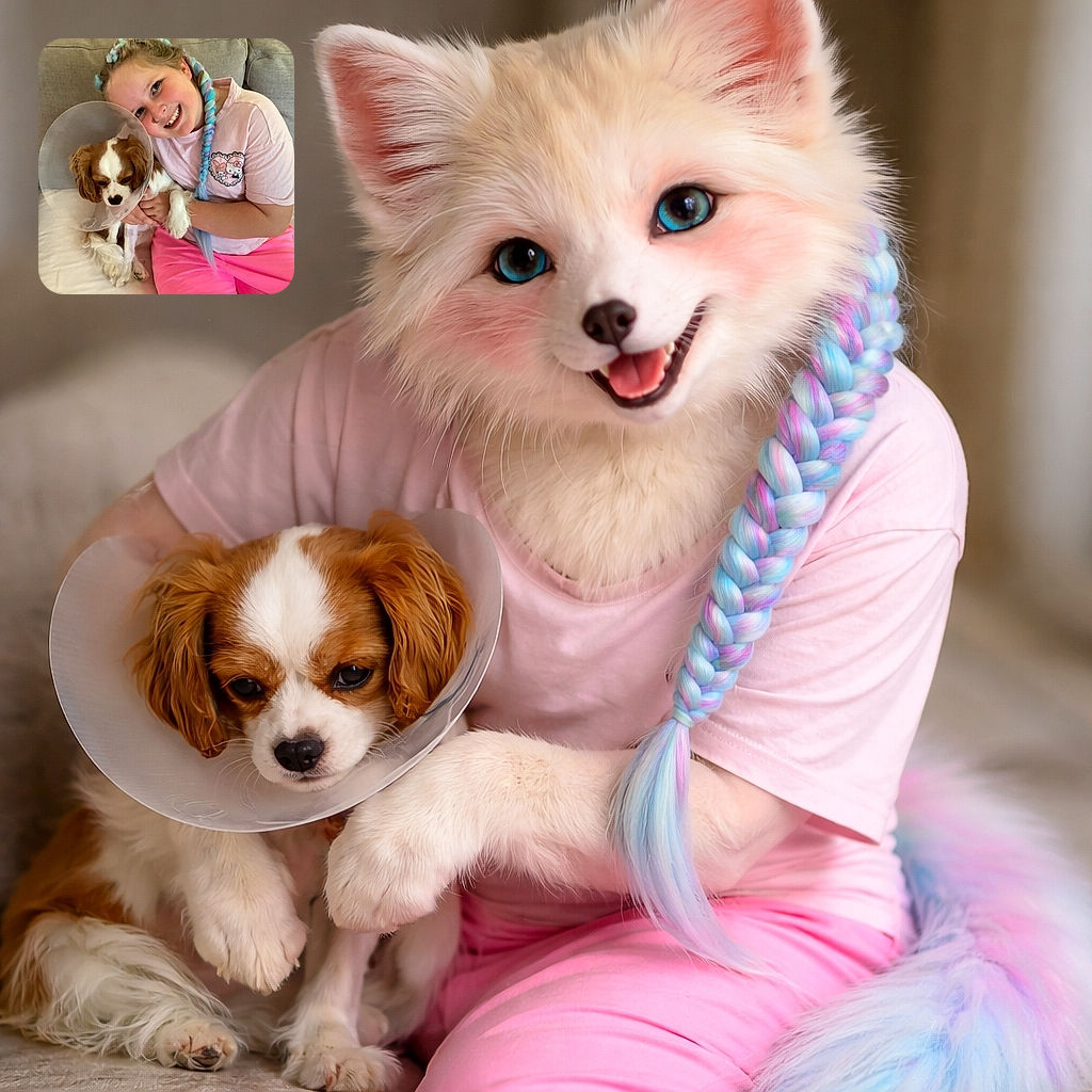 A cheerful young girl with colorful braided hair is hugging a small dog wearing a protective cone, both sitting comfortably on a couch. The girl's bright pink pants and cute character t-shirt add a playful vibe to the cozy indoor scene.