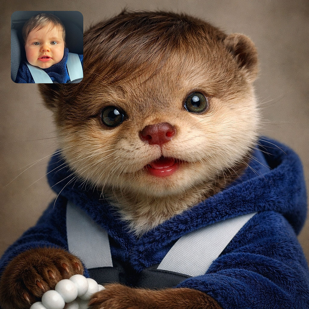 A chubby-cheeked baby stares straight at the camera from a car seat with a slightly bewildered 'who stole my snack?' expression — fuzzy navy jumper, chunky seat straps, and a chewy bead toy in the foreground. Bright, creamy skin tones and sharp eyes make this close-up feel delightfully candid and unbothered by car travel.