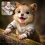 An adorable baby with sparkling eyes and a wide toothy grin is standing inside a playpen, gripping the edge confidently. The baby wears a grey shirt with tattoo-style sleeves, looking like a tiny rockstar in a cozy, toy-filled nursery.