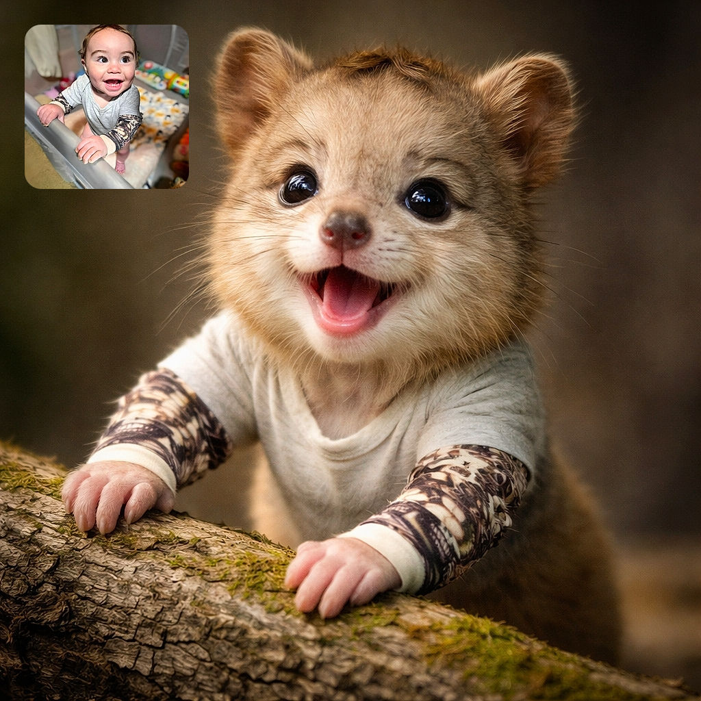 An adorable baby with sparkling eyes and a wide toothy grin is standing inside a playpen, gripping the edge confidently. The baby wears a grey shirt with tattoo-style sleeves, looking like a tiny rockstar in a cozy, toy-filled nursery.
