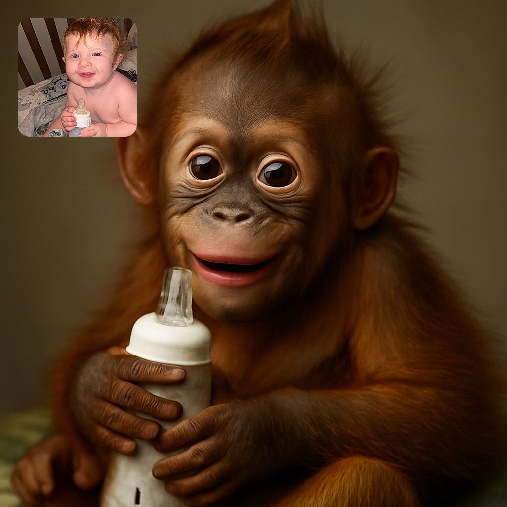 A chubby-cheeked baby with tousled hair smiles joyfully while clutching a nearly full milk bottle, sitting among soft blankets in a cozy crib with wooden slats in the background.