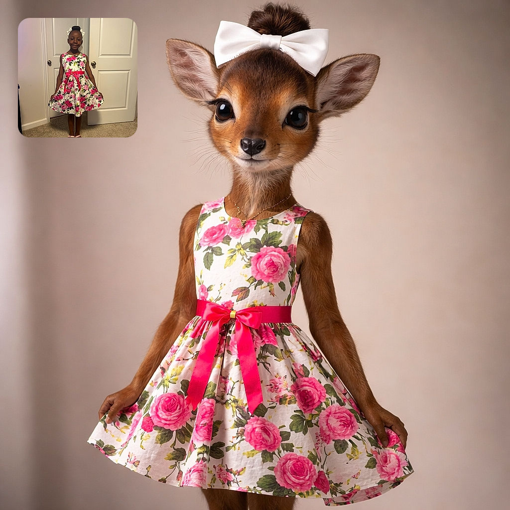 A young girl stands proudly in front of a white door, wearing a vibrant floral dress with pink roses and a matching pink ribbon belt. She has a neat bun adorned with a white bow and is smiling sweetly, her hands holding the sides of her dress as if ready for a twirl. The cozy carpet and simple background make her colorful outfit pop.