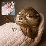 A peaceful baby is sleeping soundly in a cozy pink sleeping bag next to a fluffy teddy bear, looking like they're dreaming of cloud castles while wrapped in soft comfort on a plush gray surface.