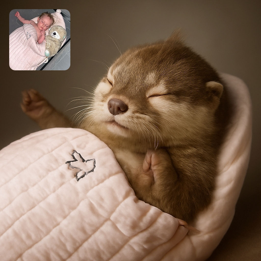 A peaceful baby is sleeping soundly in a cozy pink sleeping bag next to a fluffy teddy bear, looking like they're dreaming of cloud castles while wrapped in soft comfort on a plush gray surface.