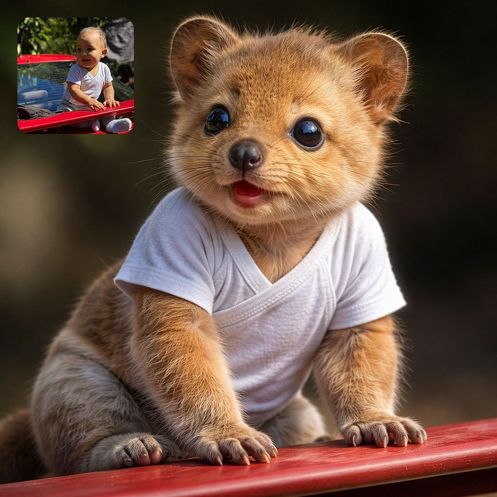 A chubby-cheeked toddler perched on the red car trunk, basking in dappled sunlight with tiny hands gripping the edge — equal parts curious explorer and future getaway driver.