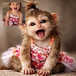 A joyful toddler with a playful top-knot hairstyle is sitting on carpeted stairs, wearing a colorful polka-dot and floral dress, excitedly holding a sparkly shoe while making a big open-mouthed smile.