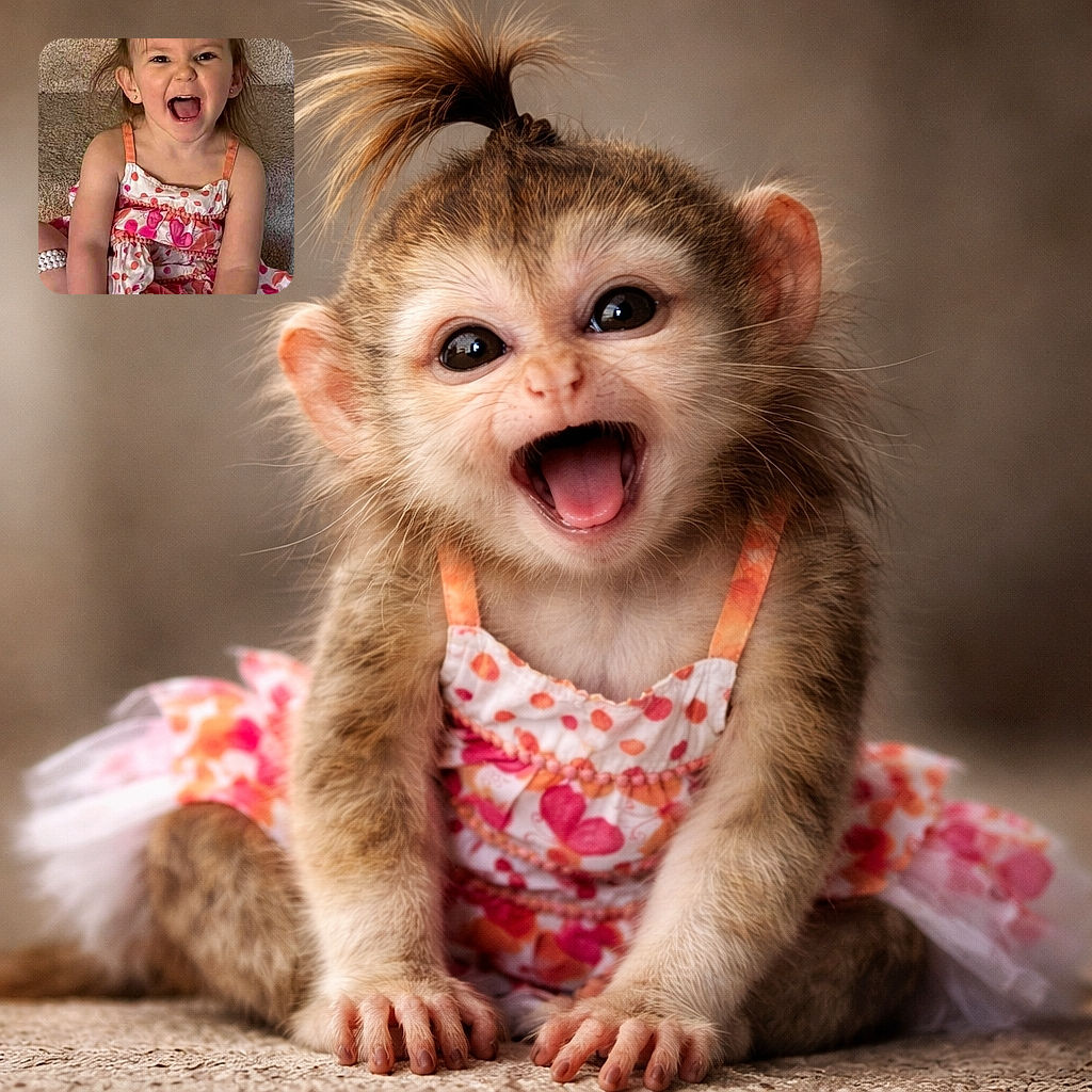 A joyful toddler with a playful top-knot hairstyle is sitting on carpeted stairs, wearing a colorful polka-dot and floral dress, excitedly holding a sparkly shoe while making a big open-mouthed smile.