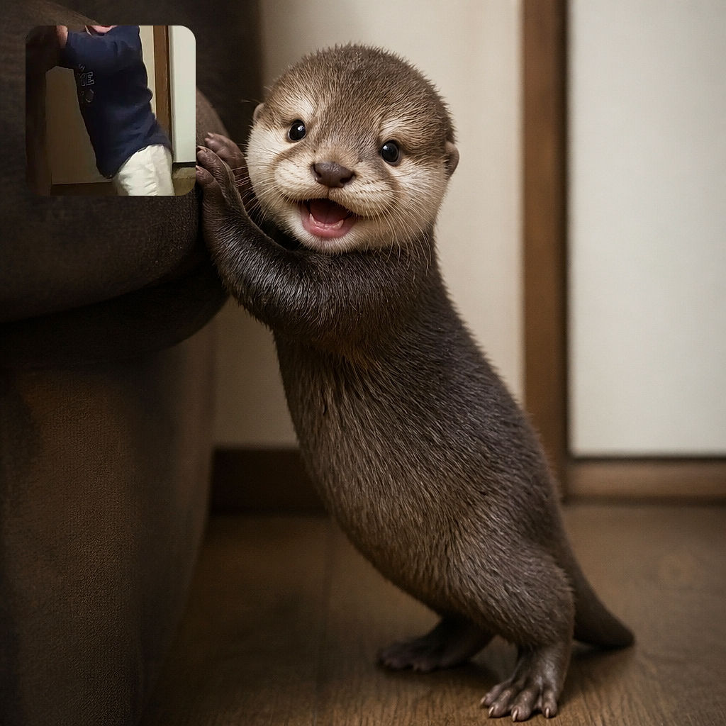 A delighted little climber is caught mid-escape, gripping the doorway like a tiny action hero while flashing a grin that says the furniture has officially become an adventure park.