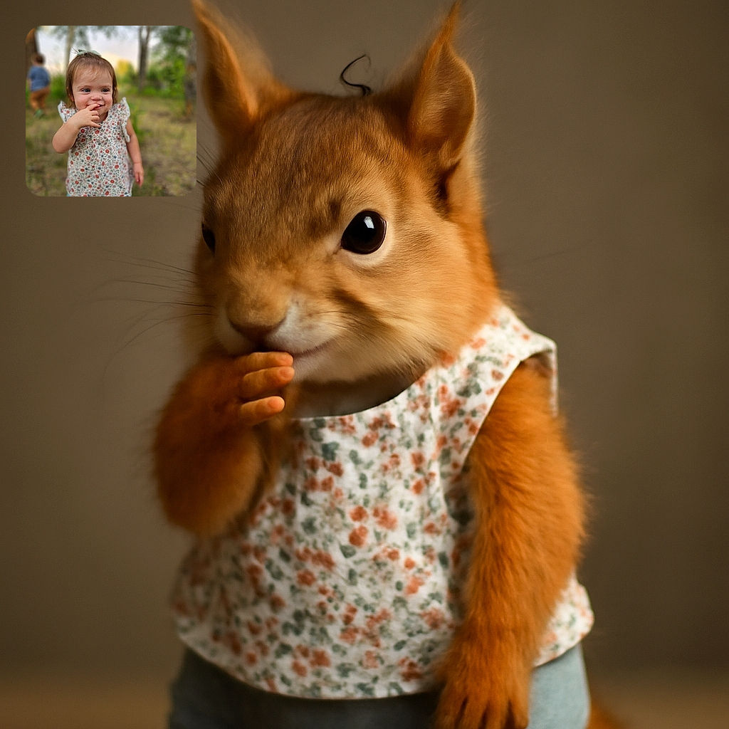 A charming toddler with a floral top and a playful finger-in-mouth pose stands in a softly blurred outdoor forest setting, while another child wanders in the background, adding a sense of depth and innocence to the scene.