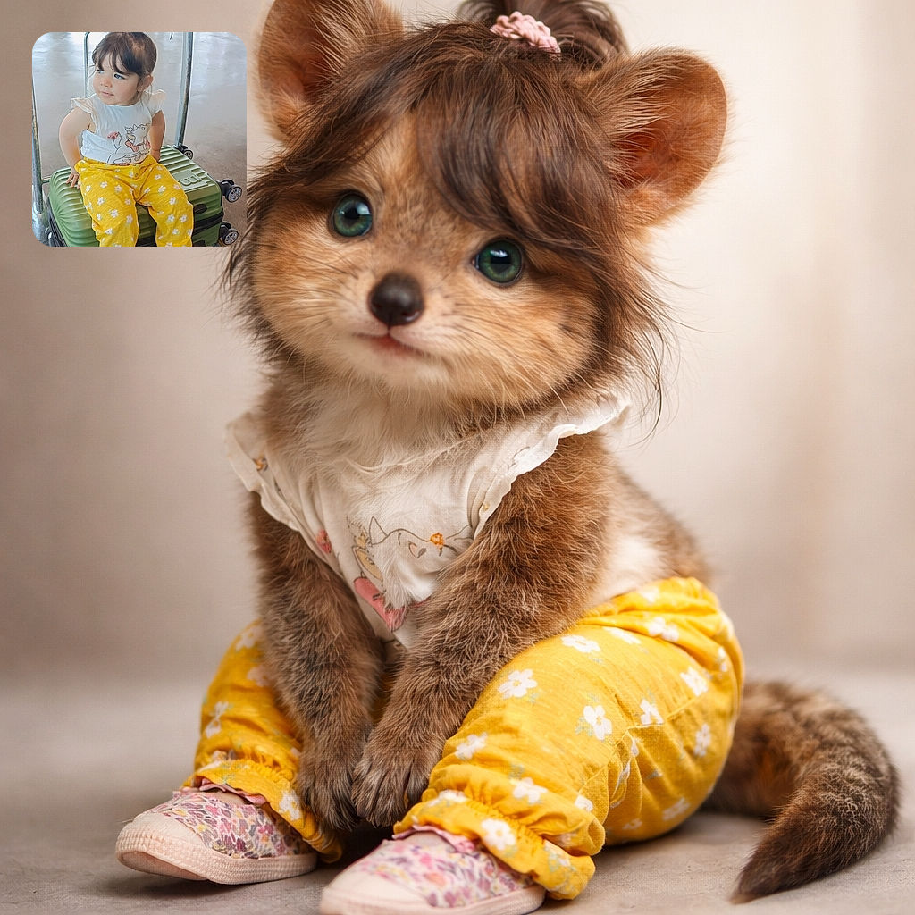 A cute toddler girl sits comfortably on a green suitcase at an airport or station, wearing bright yellow pants with white flowers and a white top with a cartoon print. Her hair is tied back with a scrunchie, and she looks off to the side with a curious expression. The background shows a luggage cart and a spacious terminal floor.