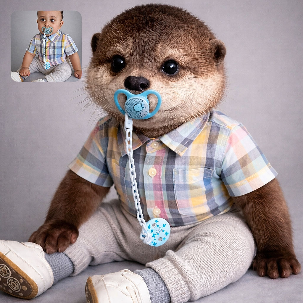 A wide-eyed baby in a colorful plaid shirt sucks on a pacifier like it's a diplomatic mission — staring off-camera with the seriousness of someone who just discovered snacks. Knit pants, tiny sneakers, and an obliging pacifier chain complete the adorably businesslike look.