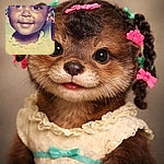 A tiny portrait superstar: a smiling toddler with ribbon-decorated braids and a ruffled dress, captured in a vintage scanned-photo look (complete with charming dust specks). She’s grinning like she just negotiated extra dessert — pigtail bling and all.