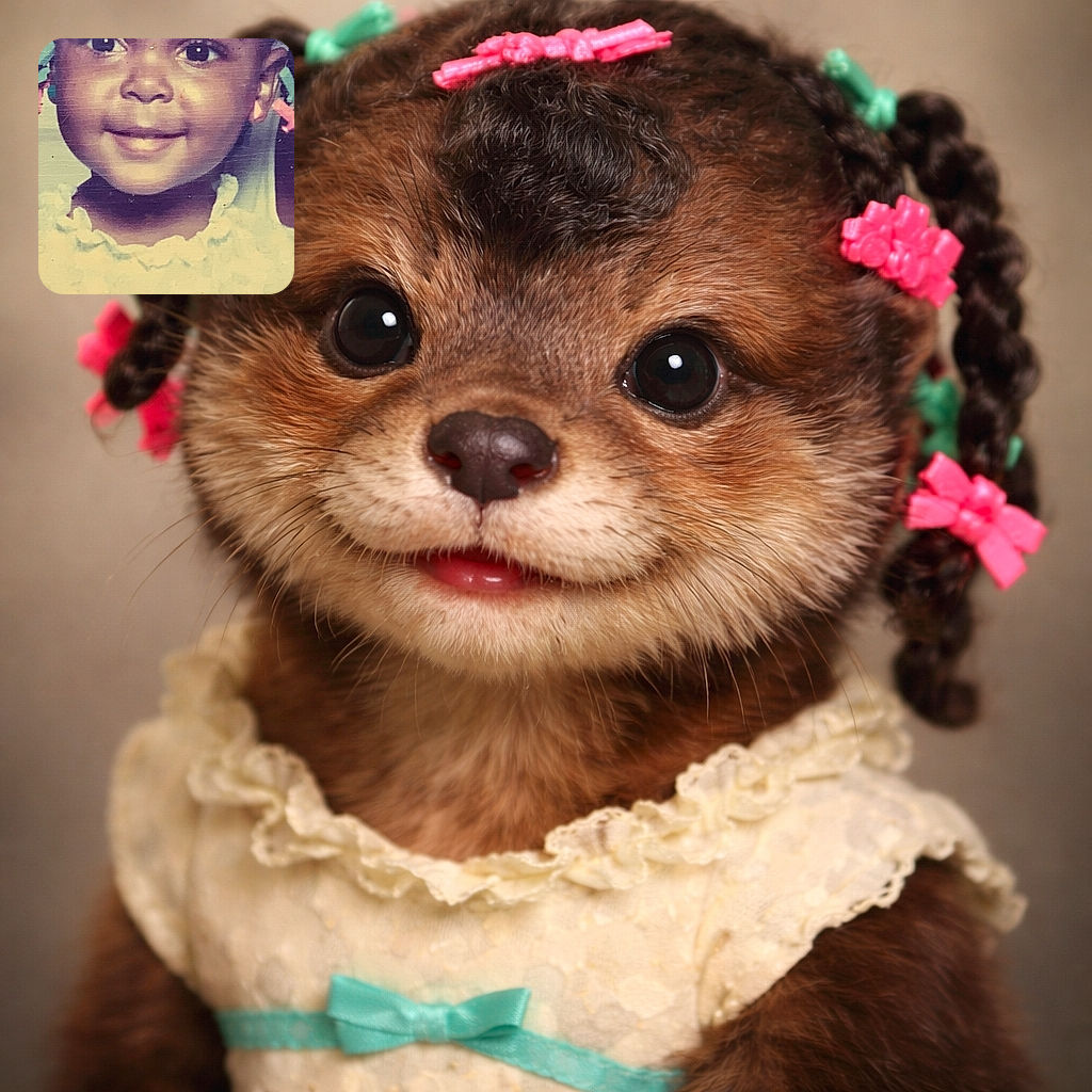 A tiny portrait superstar: a smiling toddler with ribbon-decorated braids and a ruffled dress, captured in a vintage scanned-photo look (complete with charming dust specks). She’s grinning like she just negotiated extra dessert — pigtail bling and all.