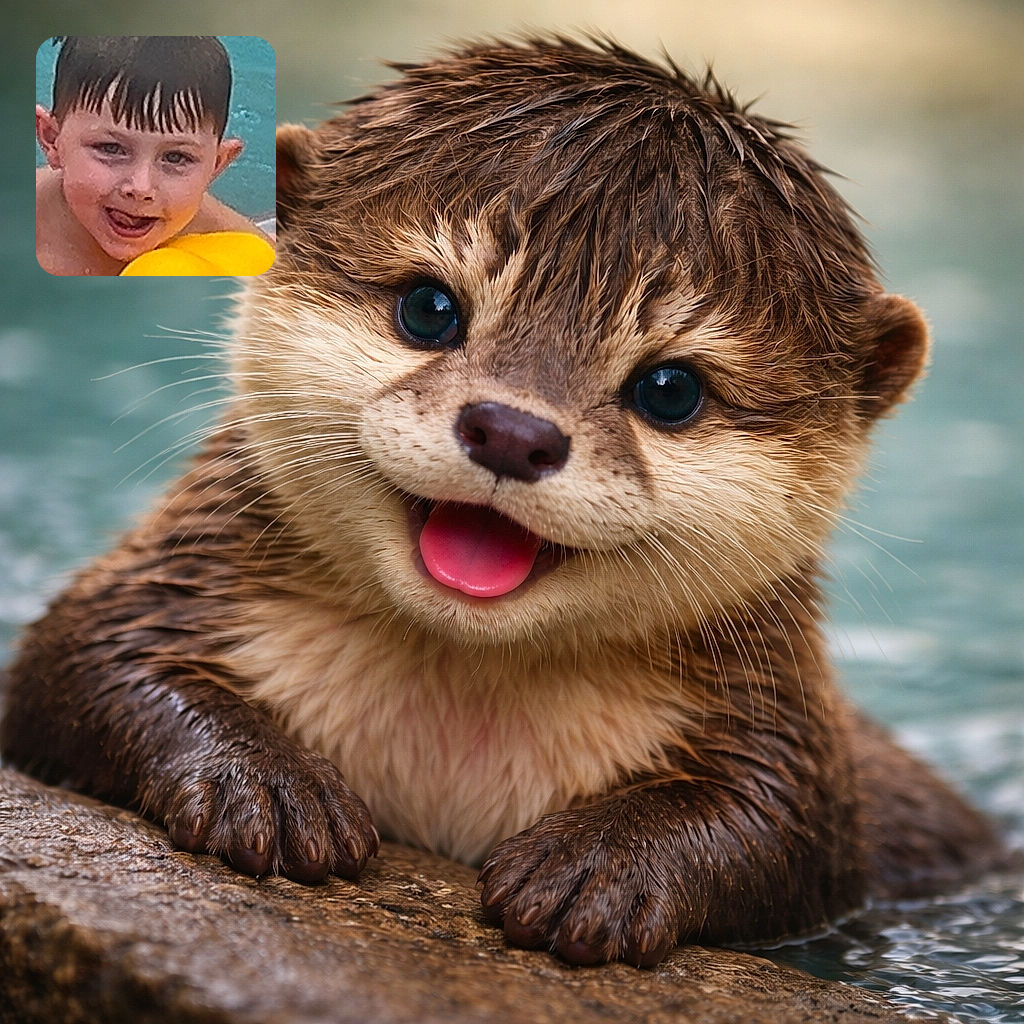 A cheeky wet-haired boy pokes his tongue out while clutching a giant yellow pool float shaped like a rubber duck — summertime mischief and sunscreen-smeared grins in full effect.