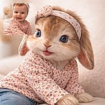 A charming baby with bright blue eyes and a cute headband smiles warmly at the camera, dressed in a soft pink patterned top and cozy jeans, sitting comfortably on a plush beige couch with a gentle, blurred background.