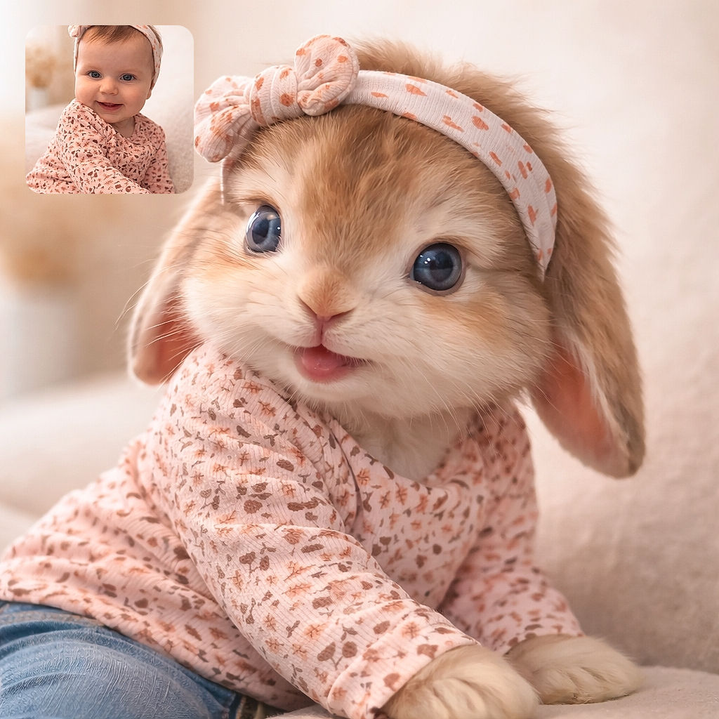 A charming baby with bright blue eyes and a cute headband smiles warmly at the camera, dressed in a soft pink patterned top and cozy jeans, sitting comfortably on a plush beige couch with a gentle, blurred background.