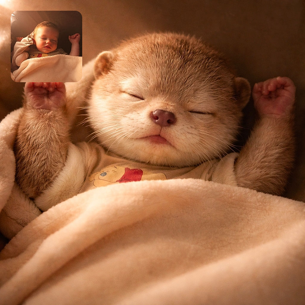 A peacefully sleeping baby wrapped in a cozy blanket, bathed in warm, soft light that makes the scene feel like a gentle hug from the sun.