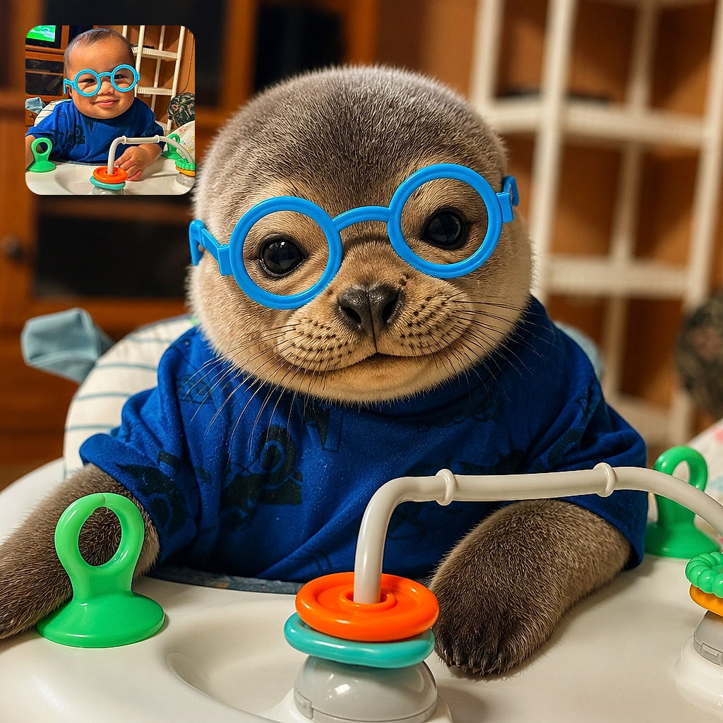 A cheerful baby is rocking bright blue round glasses like a tiny professor, happily surrounded by colorful activity-table toys while a football game plays in the background.