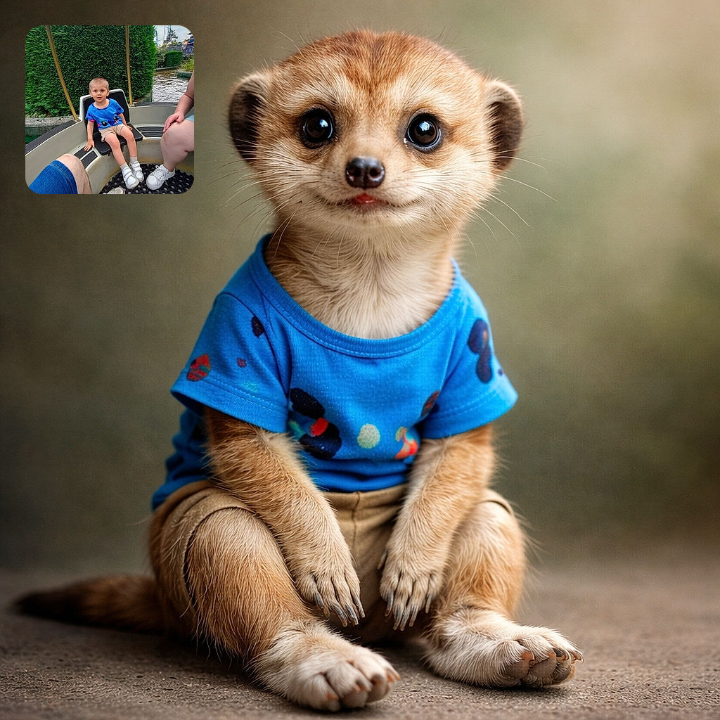A cheerful young child in a bright blue shirt sits comfortably on a boat seat surrounded by lush green hedges and calm water, with two adults' legs and feet visible nearby, suggesting a fun family outing on a peaceful day.