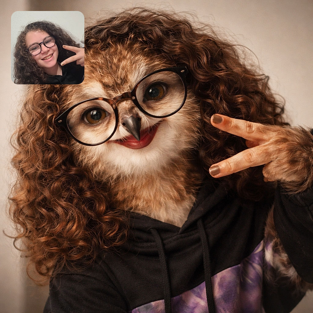 A cheerful young person with curly hair and glasses flashes a peace sign while smiling warmly at the camera against a plain wall background.