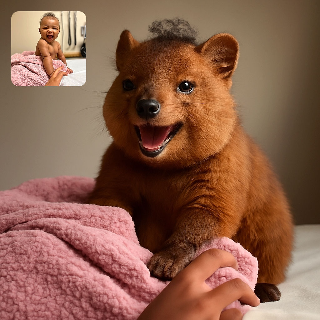 A joyful baby wrapped in a cozy pink blanket is gleefully reaching out, grabbing the finger of an adult in a plaid sleeve, with a softly blurred medical office background adding a warm, candid vibe.