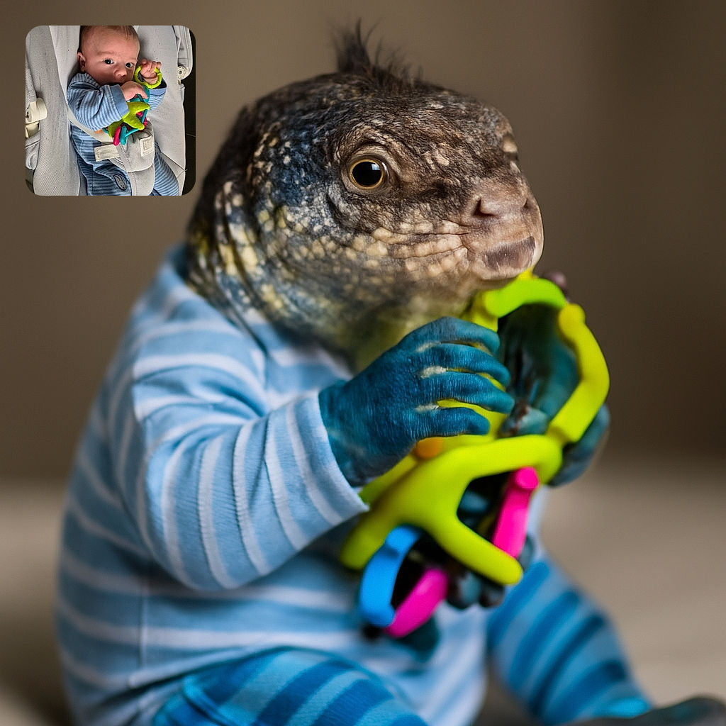 A curious baby in a cozy blue striped onesie is lounging in a cushy white baby seat, clutching a colorful plastic toy with intense focus, eyes wide open like a tiny detective on a mission.