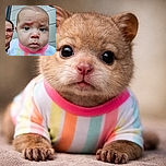 A close-up shot of a baby with a curious and slightly furrowed expression, wearing a colorful striped shirt, with an adult partially visible in the background against a tiled wall.