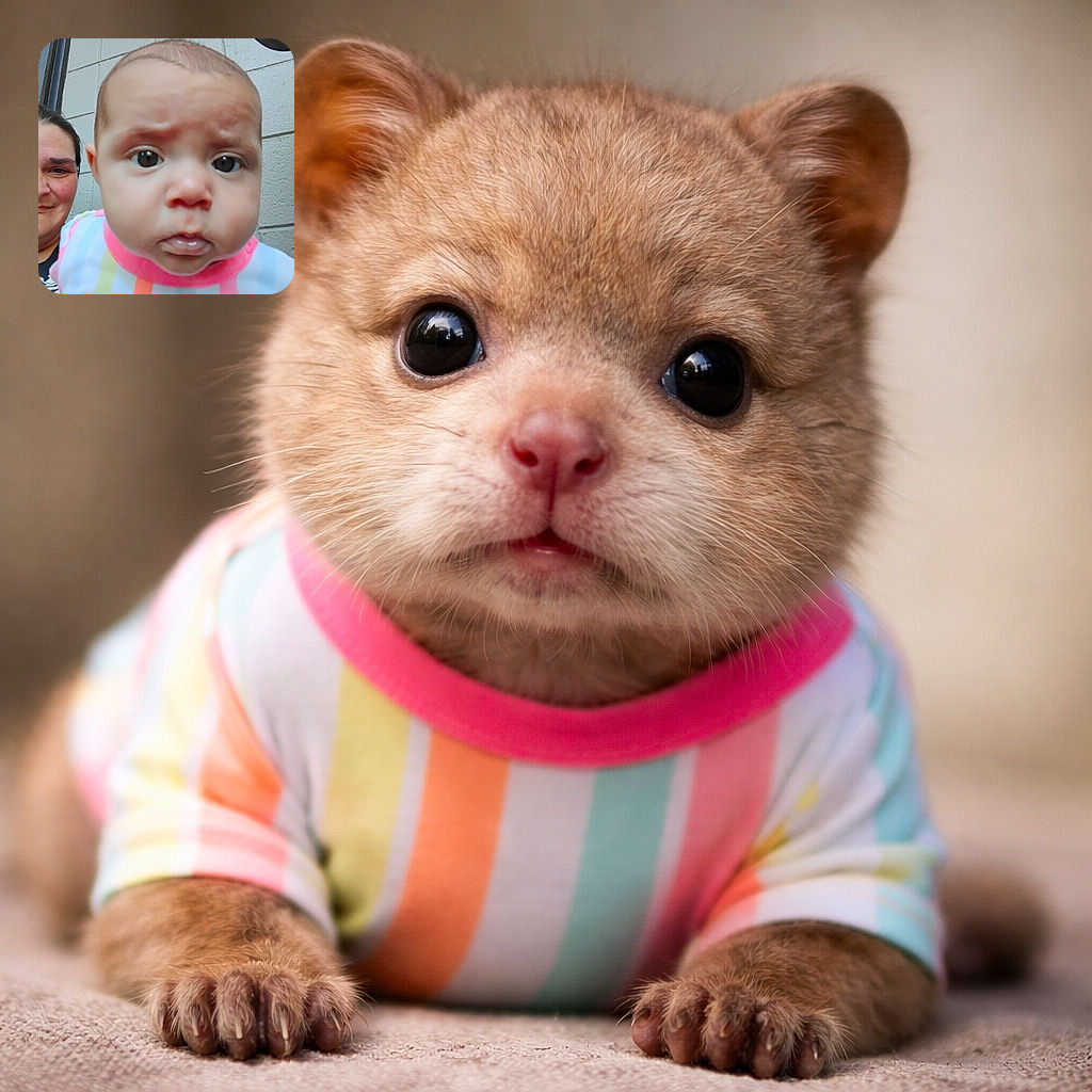 A close-up shot of a baby with a curious and slightly furrowed expression, wearing a colorful striped shirt, with an adult partially visible in the background against a tiled wall.