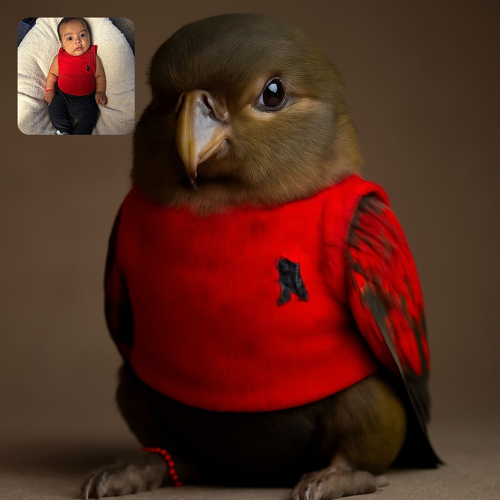 A wide-eyed baby dressed in a bright red sleeveless shirt and black pants lounges comfortably on a fluffy white cushion, looking curiously at the camera with soft lighting highlighting the smooth texture of their skin and the cozy surroundings.